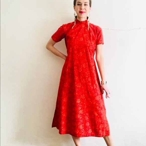 Vintage Dresses & Skirts - 90s VTG Cotton Orange Indian Floral Handblock Printed Summer Dress Size Small